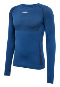 Blå långärmad träningsskjorta i strukturerad tygkvalitet. Har rund halsringning, kontrasterande svarta detaljer och en åtsittande design.