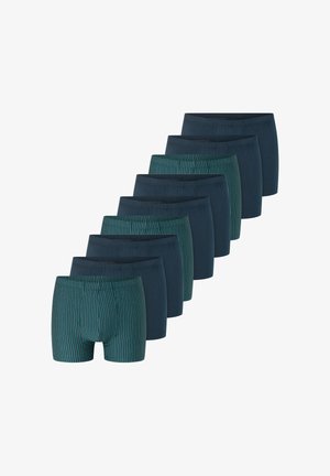 Packung mit Boxershorts in einer Mischung aus einfarbigem Dunkelblau und gestreiftem Türkis, mit elastischen Bündchen und weicher Textur.