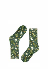 Calzini verdi con un motivo floreale caratterizzato da fiori bianchi, bastoncini di zucchero e stelle. Realizzati in materiale morbido, presentano una texture liscia.