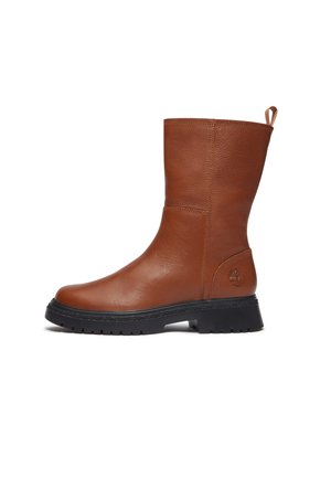 Brown leather mid-calf boot with a round toe, black rubber sole, and a small pull tab at the back. Features stitched detailing and a logo.