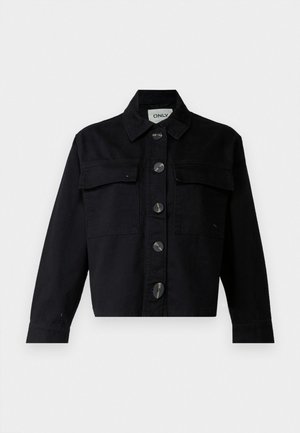 Black denim jacket featuring a classic collar, front pockets, and large buttons. The design is cropped with long sleeves and a structured fit.