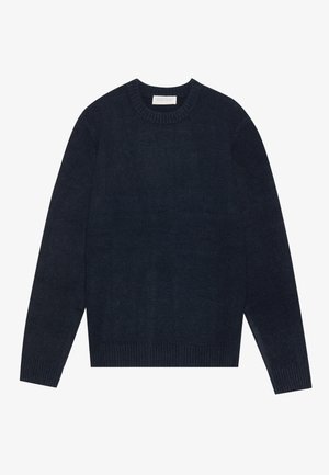 Pull bleu marine à col rond en tissu doux, avec des poignets et un ourlet côtelés, et une texture lisse avec un minimum de détails.