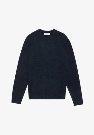 Pull bleu marine à col rond en tissu doux, avec des poignets et un ourlet côtelés, et une texture lisse avec un minimum de détails.