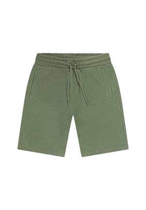 Olijfgroene korte broeken voor mannen van gestructureerde stof met elastische tailleband, aantrekkoord en twee schuine voorzakken.