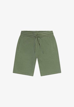 Olijfgroene korte broeken voor mannen van gestructureerde stof met elastische tailleband, aantrekkoord en twee schuine voorzakken.