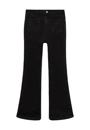 Czarne jeansy z denimu z wysokim stanem, przednimi kieszeniami naszywanymi, zapięciem na guziki oraz rozszerzanymi nogawkami.