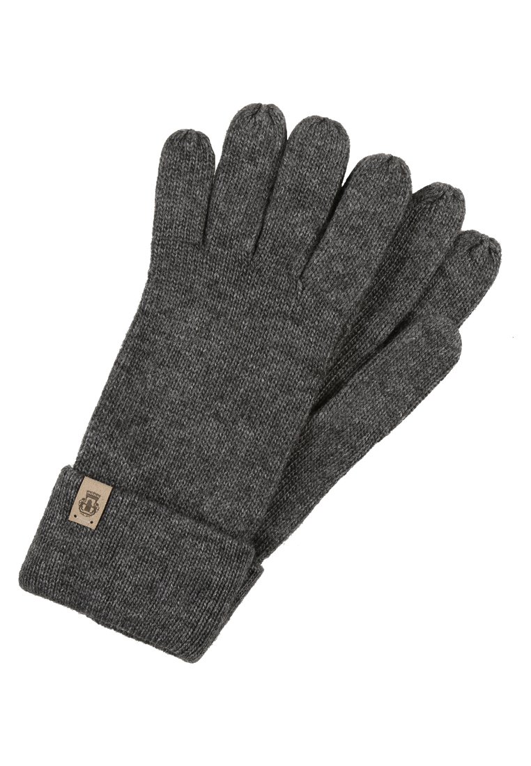 Graue gestrickte Handschuhe mit einem Bündchen und einem fünfteiligen Design. Mit einem kleinen Lederdetail versehen. Weiche Textur, geeignet für kaltes Wetter.