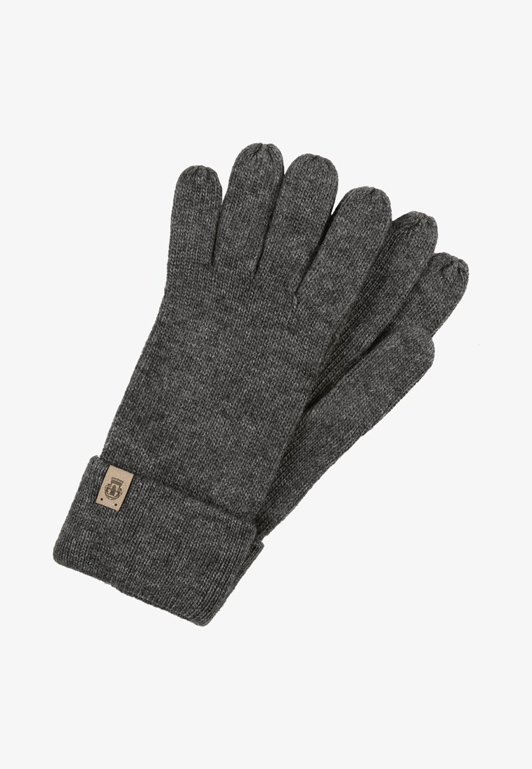 Gray knitted gloves with a cuff and five-finger design. Features a small leather patch detailing. Soft texture, suitable for cold weather.