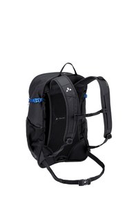 Sac à dos noir avec des bretelles rembourrées, panneau arrière en maille et accents bleus. Comprend des fermetures à boucle et un design compact pour un transport facile.