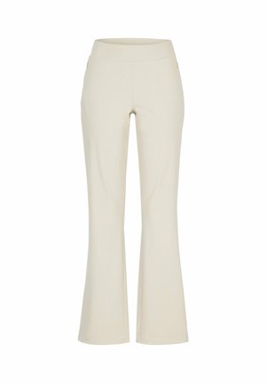 Beige damesflarebroek met hoge taille en zijritszakken, afgebeeld op een witte achtergrond.