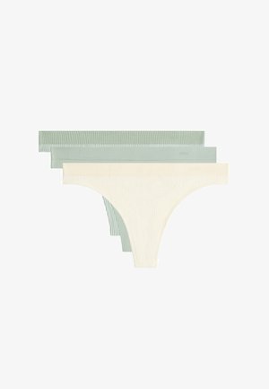 Trois strings côtelés en beige, gris clair et vert atténué, empilés et orientés vers l'avant.