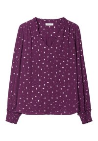 Blouse à manches longues, violette, avec un col en V et un col volanté, présentant un motif géométrique blanc et des poignets smockés pour un détail texturé.