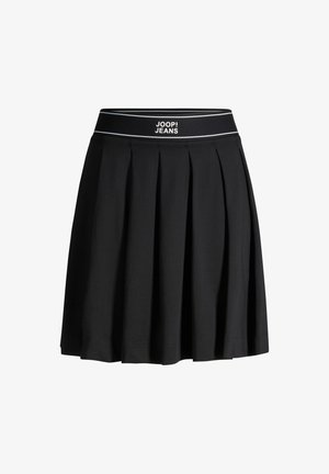 Black pleated skirt with wide elastic waistband featuring white "JOOP! JEANS" logo and thin horizontal stripes.