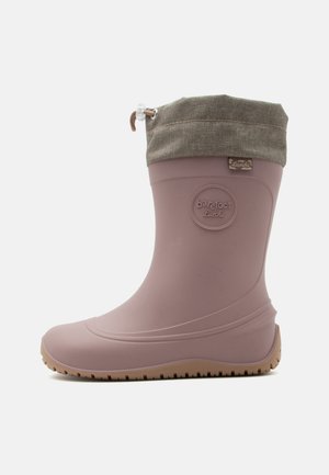 Rødgummistøvle med beige stofmanchet og snøre, præget "barefoot Lurchi"-logo på siden og tekstureret sål.