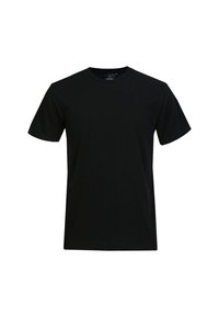 T-shirt nero a maniche corte in cotone. Design classico con collo a girocollo, texture liscia e senza motivi o dettagli visibili.