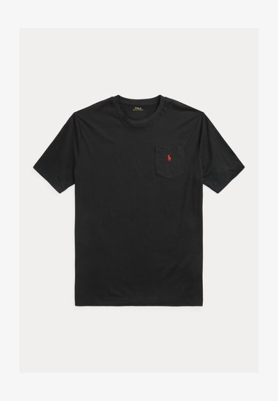 Schwarzes T-Shirt mit kurzen Ärmeln und Rundhalsausschnitt, Brusttasche mit kleinem roten gesticktem Polo Ralph Lauren-Logo.