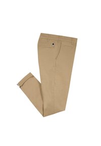 Chinos beige realizzati in cotone, con frontale piatto, due tasche posteriori e una leggera lucentezza. L'orlo è rifinito con un leggero risvolto.