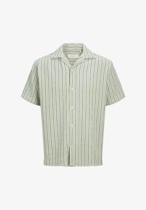 Lühikeste varrukatega nööbitav särk heleroheliste ja tumeroheliste vertikaalsete triipudega ning laia kraega.