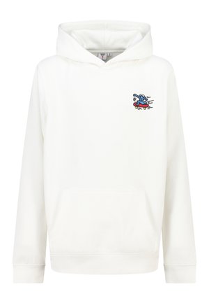 Weißer Baumwoll-Hoodie mit Kängurutasche. Mit einem bunten Skateboarder-Design auf der Brust und gerippten Bündchen. Lockere Passform.