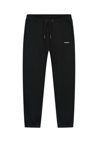 Zwarte joggingbroek met een trekkoord in de taille, twee zijzakken, elastische boorden en een in het wit bedrukt 'BALLIN' logo op de linkerdij.