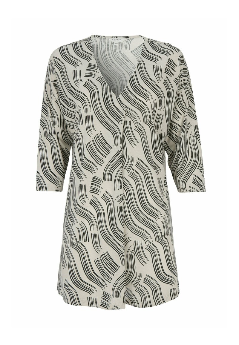 Beige long-sleeve tunic with black wavy and linear abstract patterns, V-neckline, and a loose, relaxed fit.