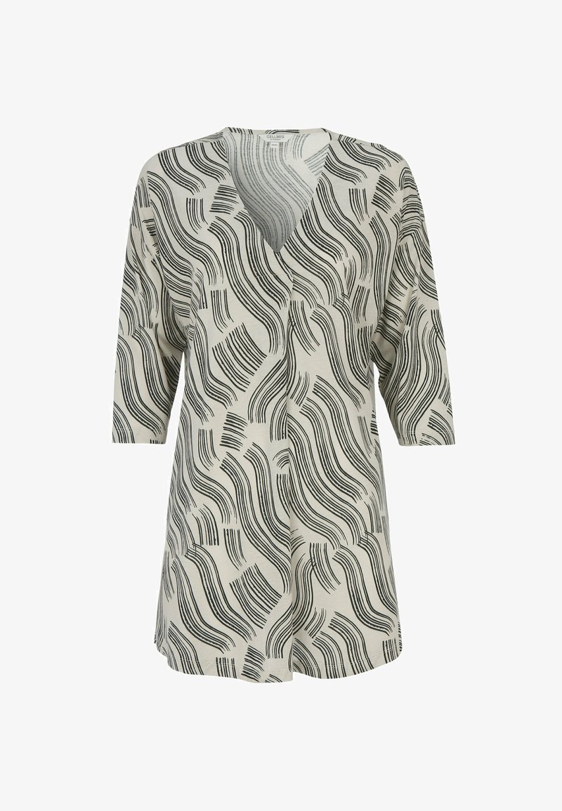 Beige long-sleeve tunic with black wavy and linear abstract patterns, V-neckline, and a loose, relaxed fit.