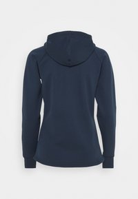 Sweatshirt com capuz azul-marinho, mangas longas, textura suave e punhos canelados. Apresenta um design simples com uma costura central nas costas.