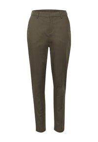 Pantalons fuselés en tissu vert olive, avec une taille élastique, deux poches latérales et une texture lisse.