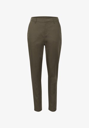 Tapered broek in olijfgroene stof, met een elastische tailleband, twee zijzakken en een zachte textuur.