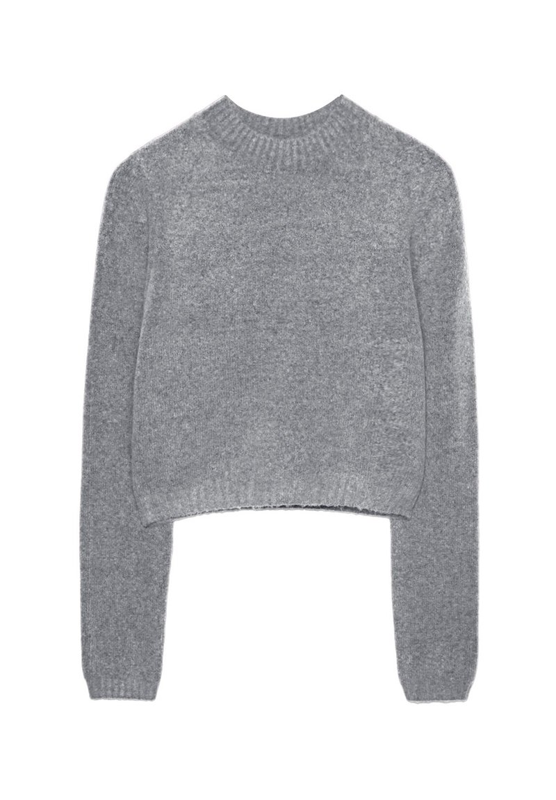 Szary krótki sweter z długimi rękawami, prążkowany dekolt i dół, wykonany z miękkiej, strukturalnej tkaniny. Prosty, klasyczny design bez ozdób.