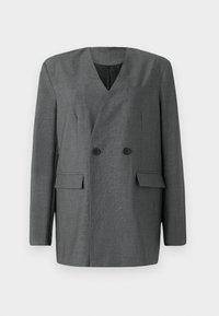 Grijze dubbelzijdige blazer met een V-hals, twee voorzakken en knoopaccenten. Gemaakt van fijn gestructureerde stof.