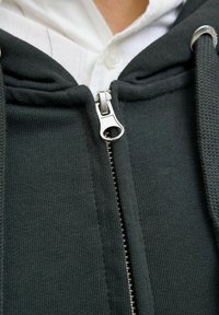 Mørkegrøn sweatshirt med lynlås og ribbet tekstur, sølvlysningslynlås og snore, lagdelt over en hvid skjorte med krave.