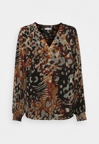 Blus med långa ärmar i ett flerfärgat djurmönster med bruna, gröna och svarta nyanser. V-ringning med knappstängning och elastiska ärmslut.