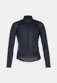 Dark blue cycling jacket with long sleeves, high collar, front zipper, and two zippered pockets; features smooth fabric and reflective accents.