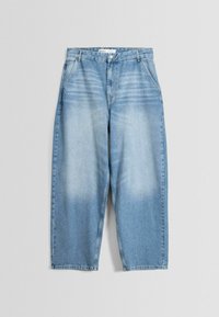 Ljusblå denimvidbyxor med en blekt effekt, femfickorsdesign och knäppning i midjan.