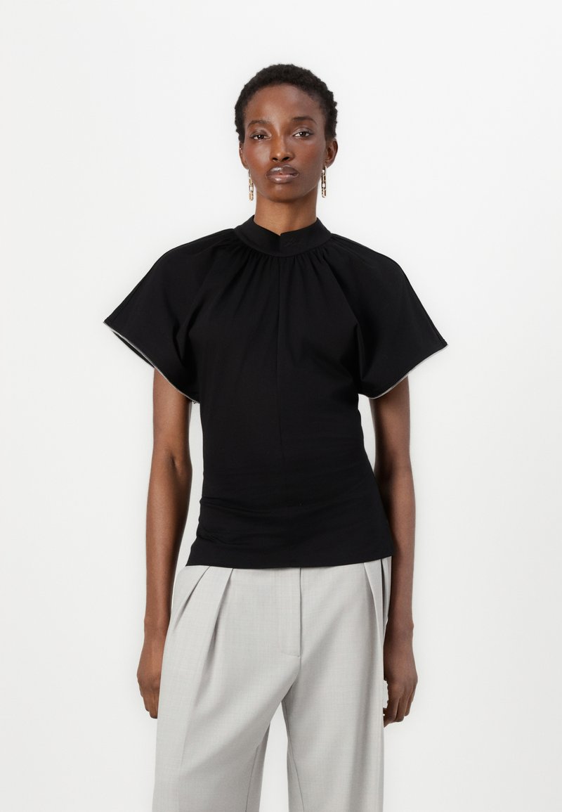 Black short-sleeve top with a high collar and gathered fabric around the neckline, featuring a slim fit and smooth texture.