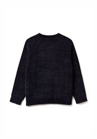 Dunkelblaues, grob gestricktes Sweatshirt mit langen Ärmeln sowie gerippten Bündchen, Kragen und Saum, von hinten auf weißem Hintergrund gezeigt.