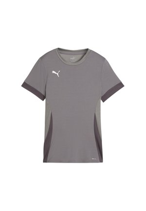 Grijze sport T-shirt met korte mouwen, voorzien van donkergrijze zijpanelen, ronde hals en wit Puma-logo op de borst. Lichtgewicht stof.