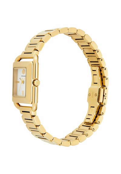 Gold-tone metal wristwatch with rectangular white dial, minimal hour markers, and linked bracelet with fold-over clasp.