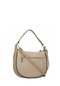 Sac en cuir synthétique beige à bandoulière avec une seule sangle, poche zippée à l'avant et accents en métal doré. Forme arrondie.