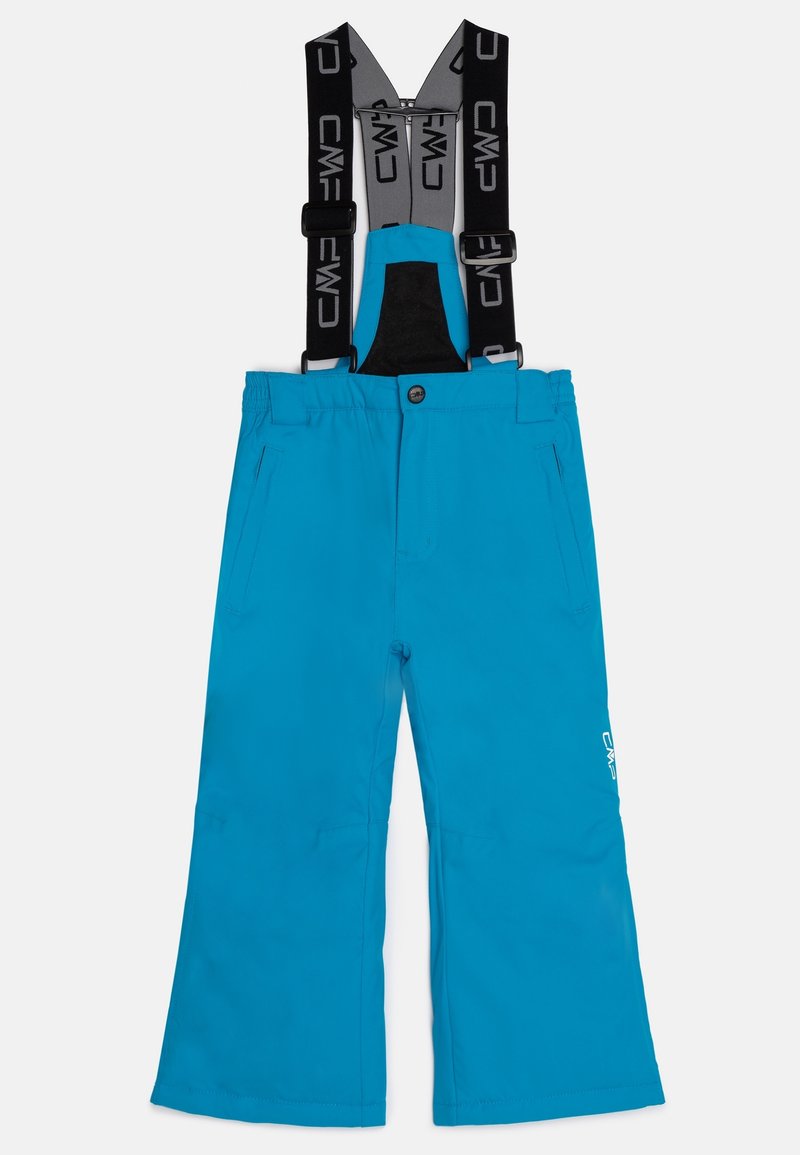 Bright blue waterproof snow pants with black elastic suspenders featuring white "CMP" branding, front pockets, and a button closure.