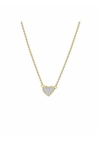 Goldene Kette mit herzförmigem Anhänger. Der Anhänger hat eine glitzernde silberne Oberfläche, umgeben von einem goldenen Rand.