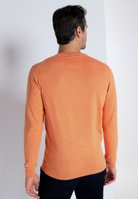 Oranger Strickpullover mit langen Ärmeln, gerippten Bündchen und Saum. Weiche Textur, Rundhalsausschnitt und nahtloses Design an den Schultern.