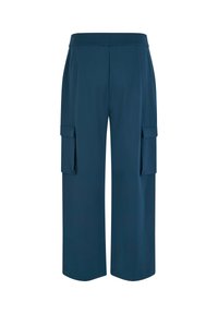 Navyblauwe wijde cargo broek van zachte stof met twee zijzakken en een elastische tailleband voor comfort.