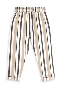 Beige, hvide og sorte lodrette stripede afslappede bukser med elastisk talje og lige ben.