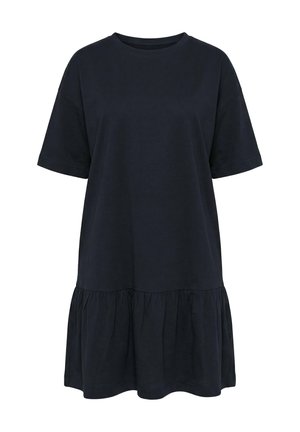 Vestido negro de manga corta con cuello redondo y bajo fruncido con volantes, ajuste holgado y estilo casual.