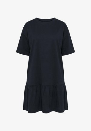 Sort kortærmet kjole med rund halsudskæring og indsamlet flæsekant, løs pasform og afslappet stil.