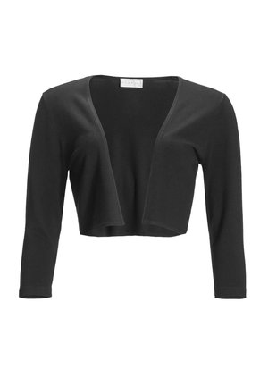Black cropped open-front cardigan with long sleeves and a simple, lightweight knit design.