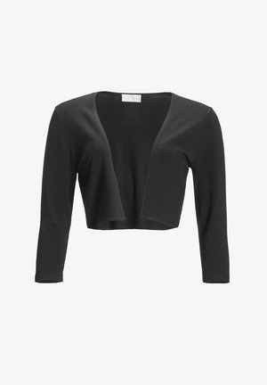 Zwarte cropped open-voorzijde cardigan met lange mouwen en een eenvoudig, lichtgewicht breisel.