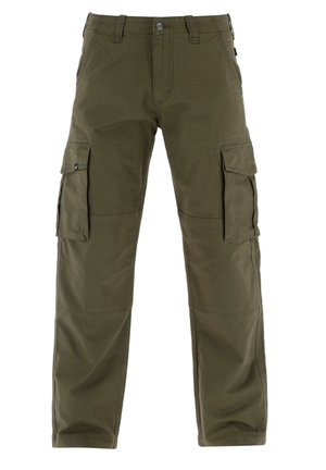 Pantalones cargo verde oliva hechos de tela duradera, con múltiples bolsillos laterales, cierre frontal con botón y paneles de rodilla reforzados.